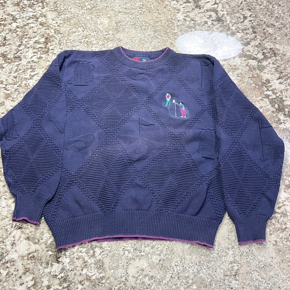 Vintage 1990s Isle of Cotton Navy Blue Golf Sweater Made in USA Mens Large